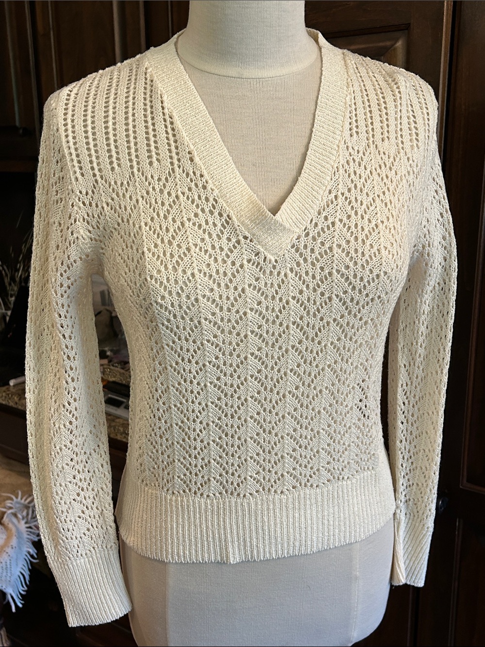 1980’s Pure Gould Sz S Women's Cream V-Neck Open Knit Sweater